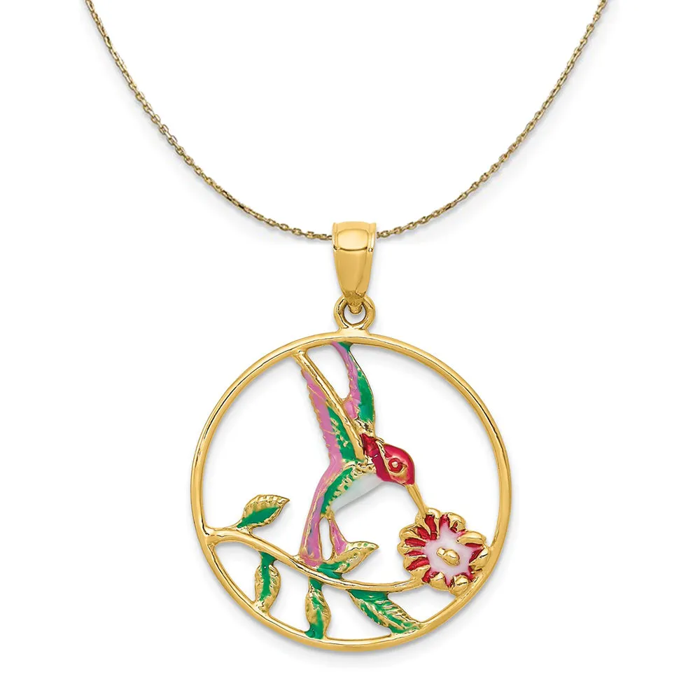 14k Yellow Gold & Enamel Round Hummingbird & Flower Necklace