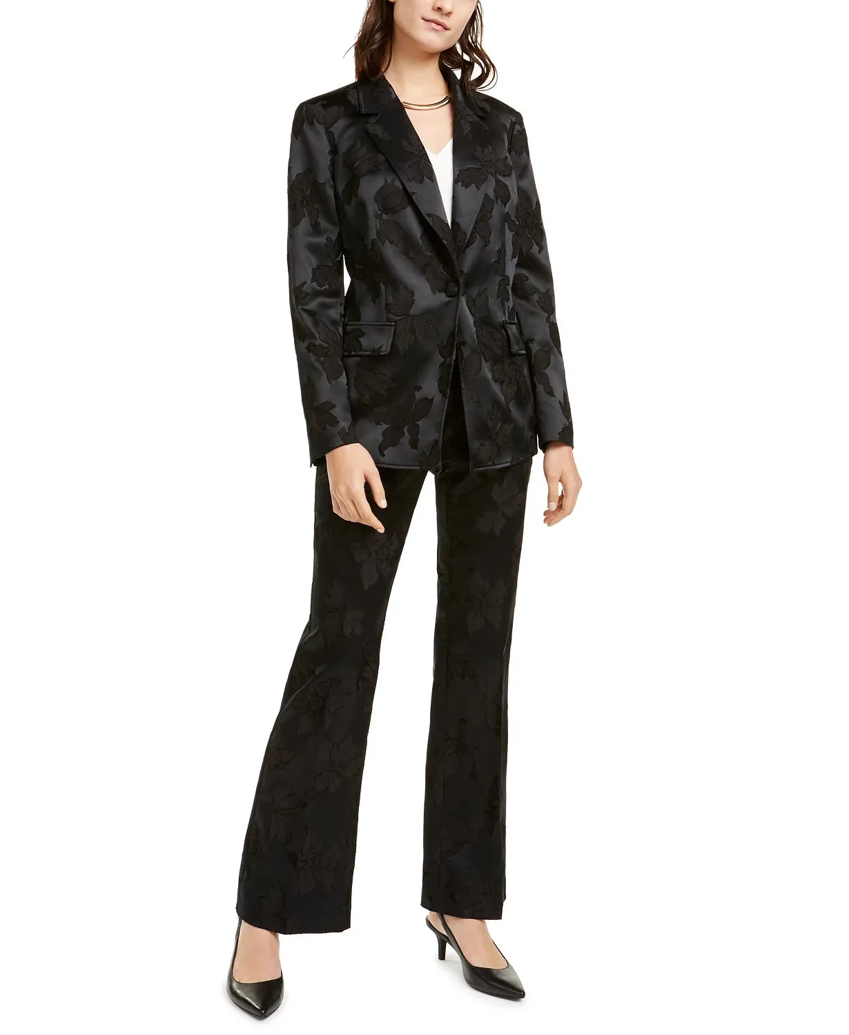 Alfani Women's Floral Jacquard Blazer Satin Black Size X-Large