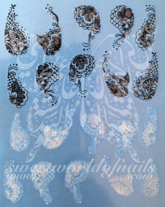 Black and White Lace Nail Art Water Decals Transfers