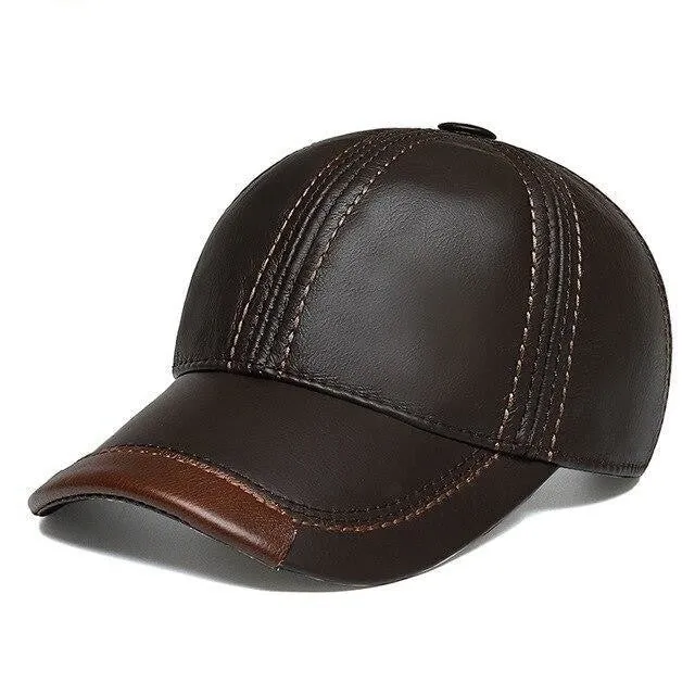 British Style Unisex Warm Brown Cowhide Leather Windproof Baseball Cap Hat