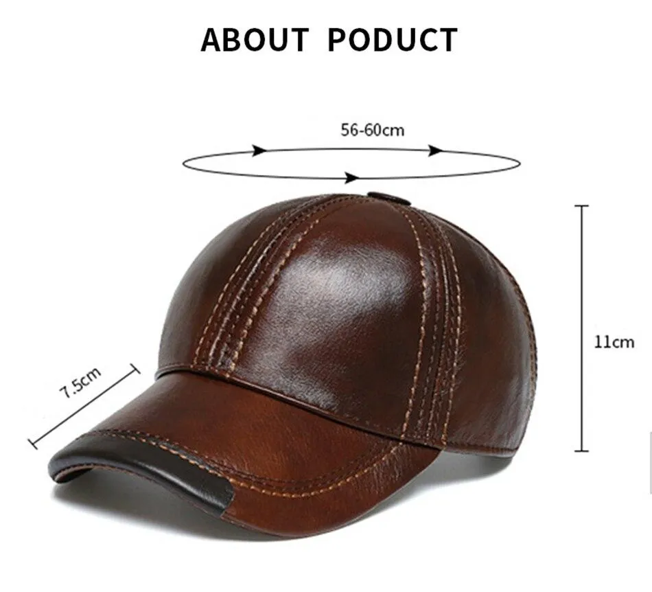 British Style Unisex Warm Brown Cowhide Leather Windproof Baseball Cap Hat