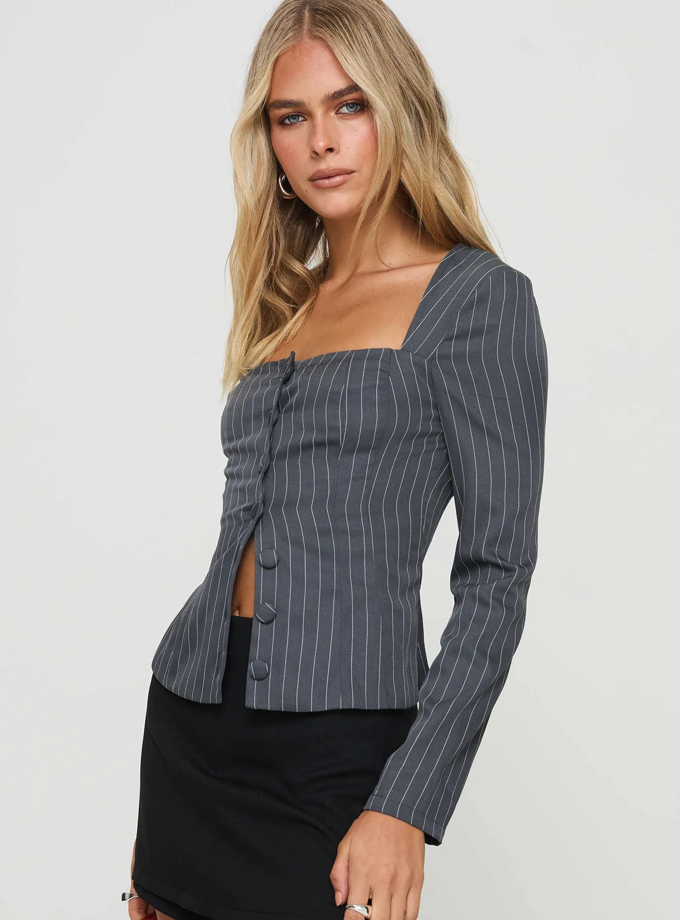 Gaskin Long Sleeve Top Grey Pinstripe