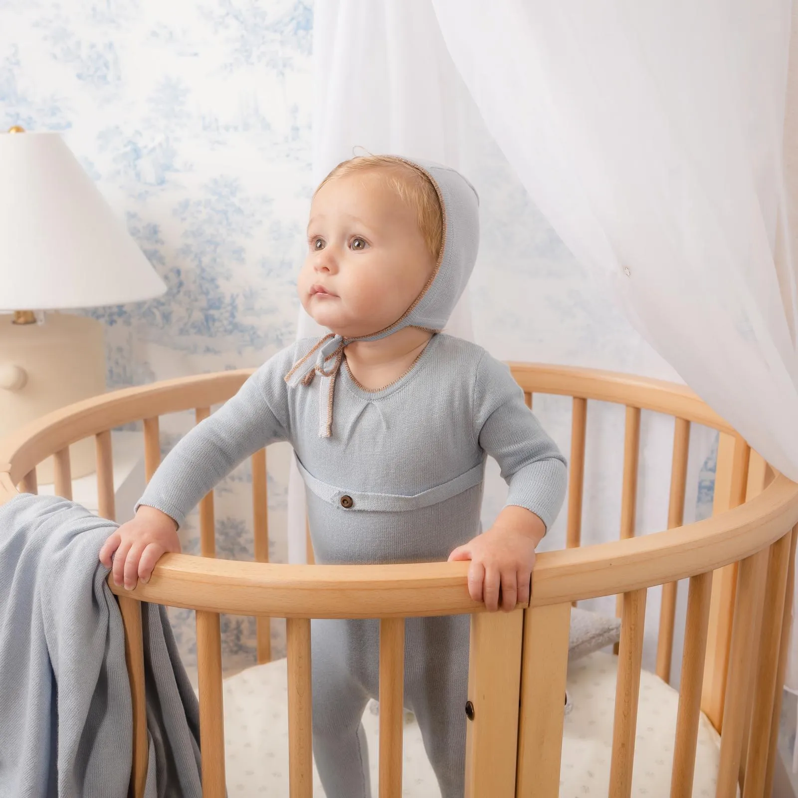 Mabel Bebe Beau Blue Knit Stretchie and Bonnet