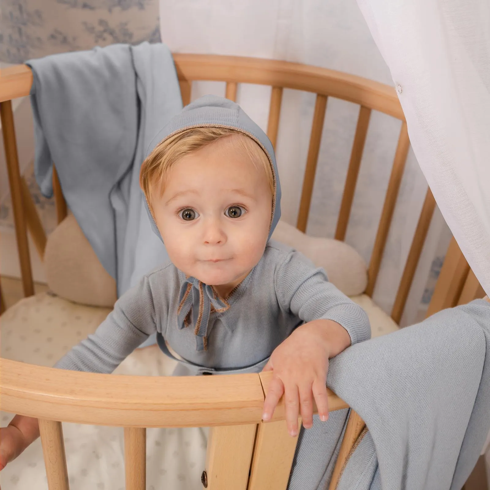 Mabel Bebe Beau Blue Knit Stretchie and Bonnet