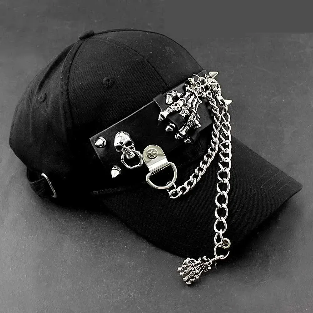 Men's Synthetic Leather Hip Hop Skull Spike Chain Decor Baseball Hat