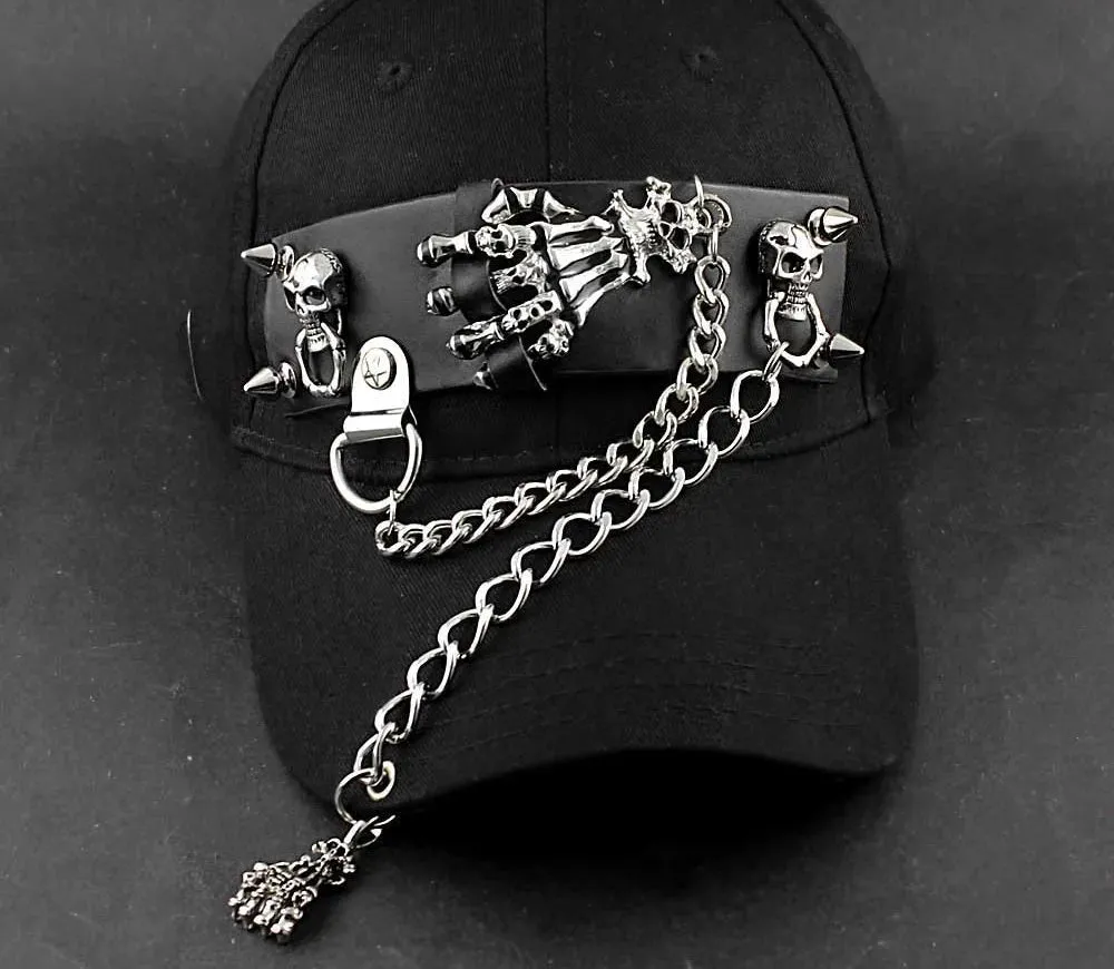 Men's Synthetic Leather Hip Hop Skull Spike Chain Decor Baseball Hat