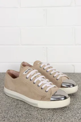 MIU MIU Metal Toe Cap Blush Suede Leather Sneakers (39)