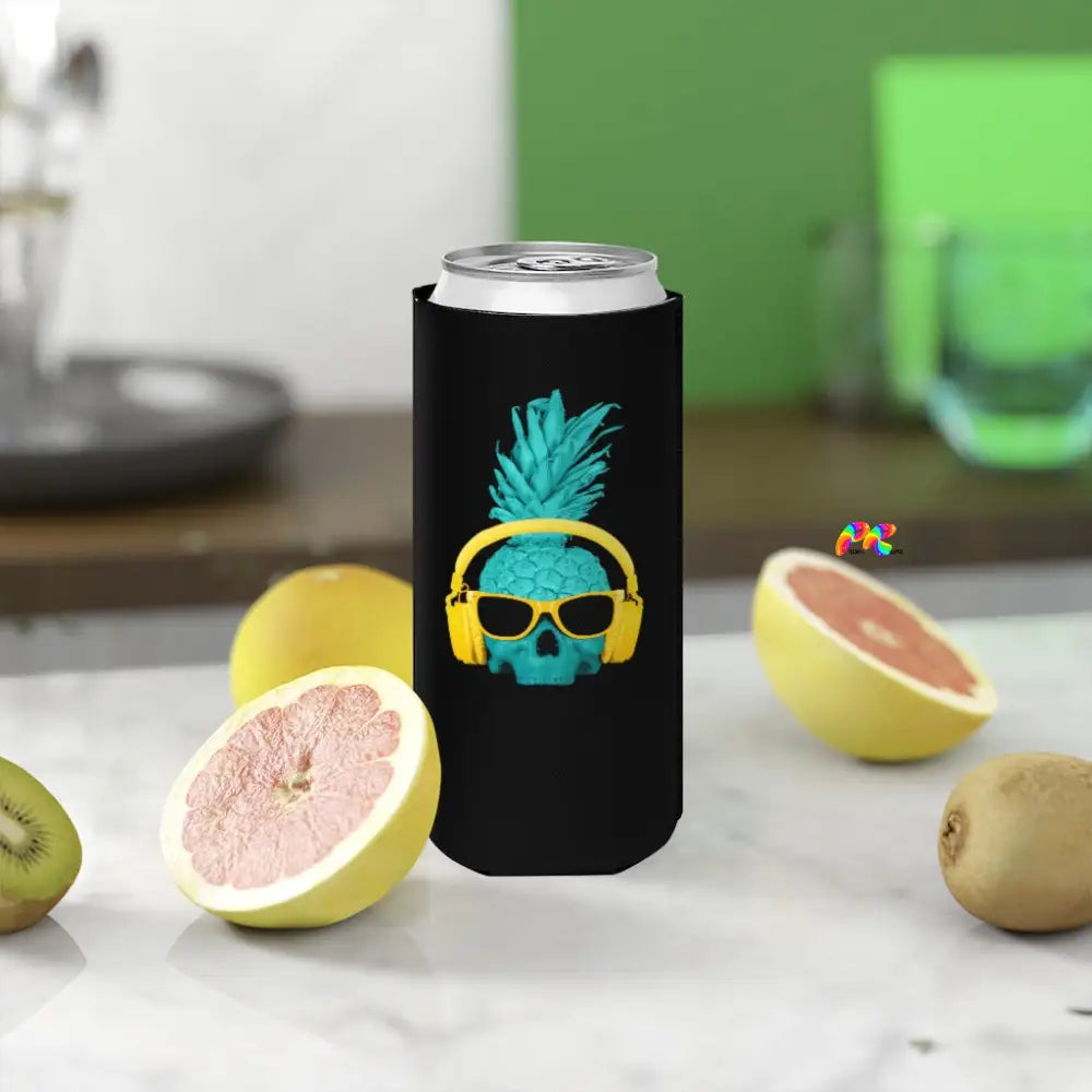 Pineapple with Headphones Slim Can Cooler