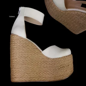 White Suede High Heel Platform Wedge Sandals