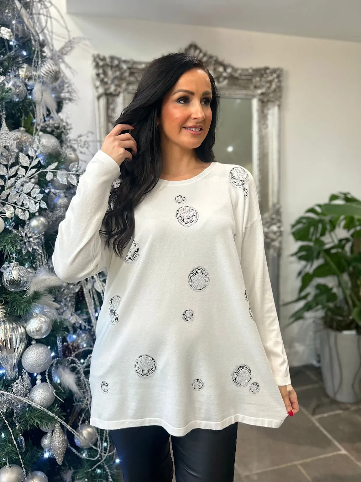 Winter White Diamante Bubble Pattern Knit Rosie