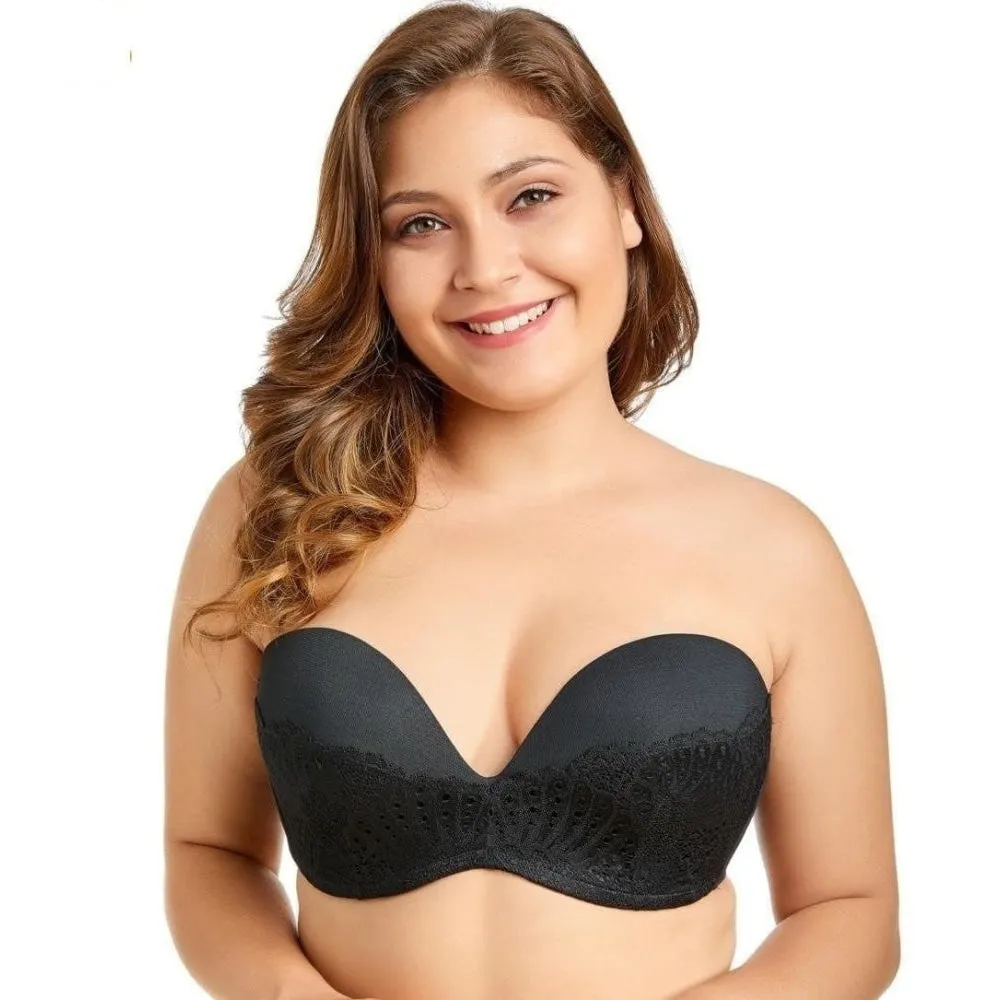 Women's Black Color Lace Strapless Slightly Lined Underwired Bra