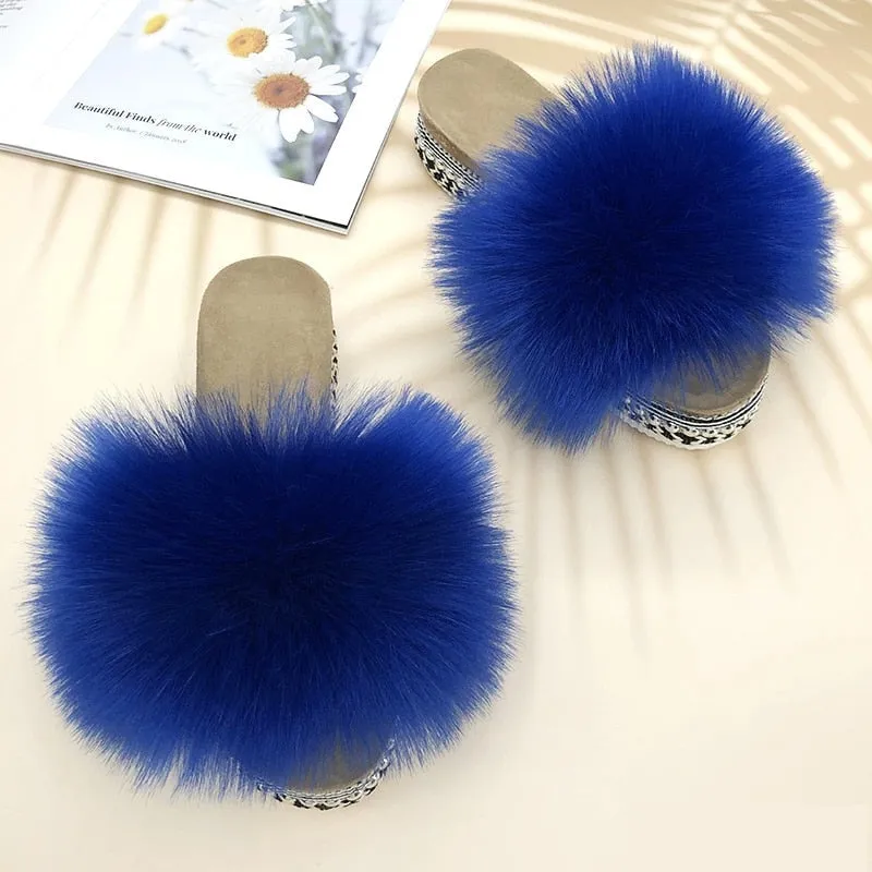 Women's Summer Blue Color Synthetic Fur Rivet Platform House Slippers