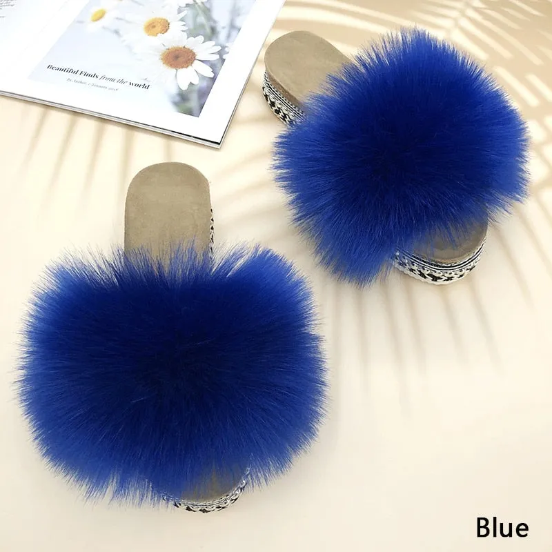 Women's Summer Blue Color Synthetic Fur Rivet Platform House Slippers