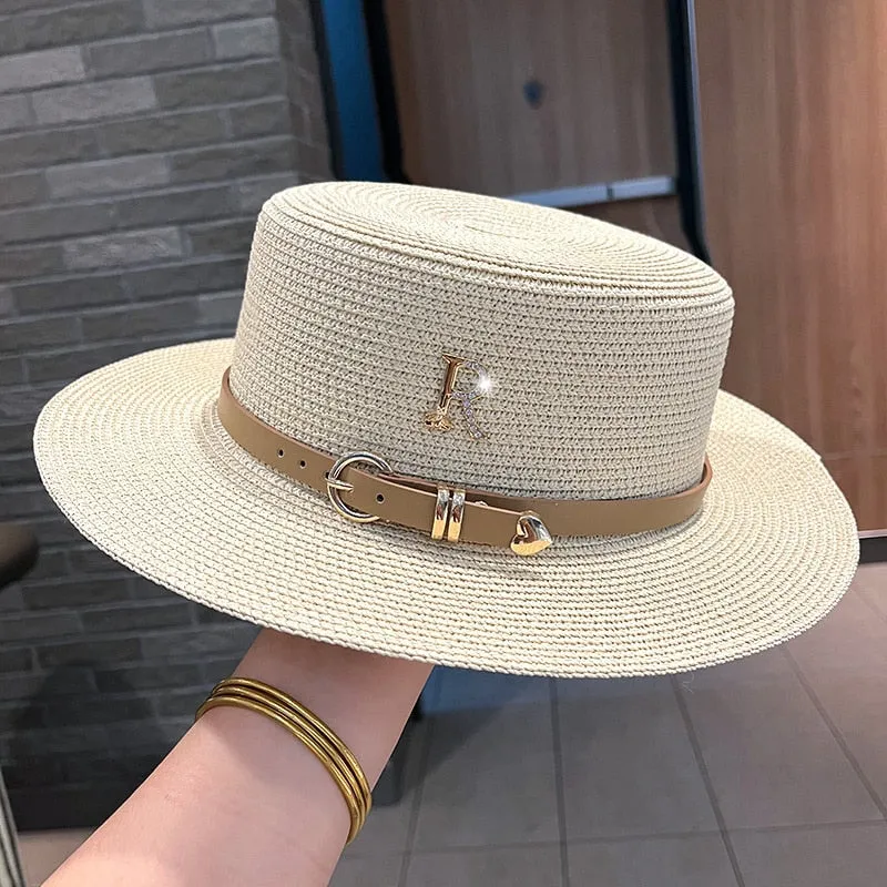 Women's Summer Casual Metal R-Letter Buckle Straw Sun Protection Hat