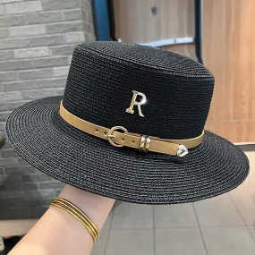 Women's Summer Casual Metal R-Letter Buckle Straw Sun Protection Hat