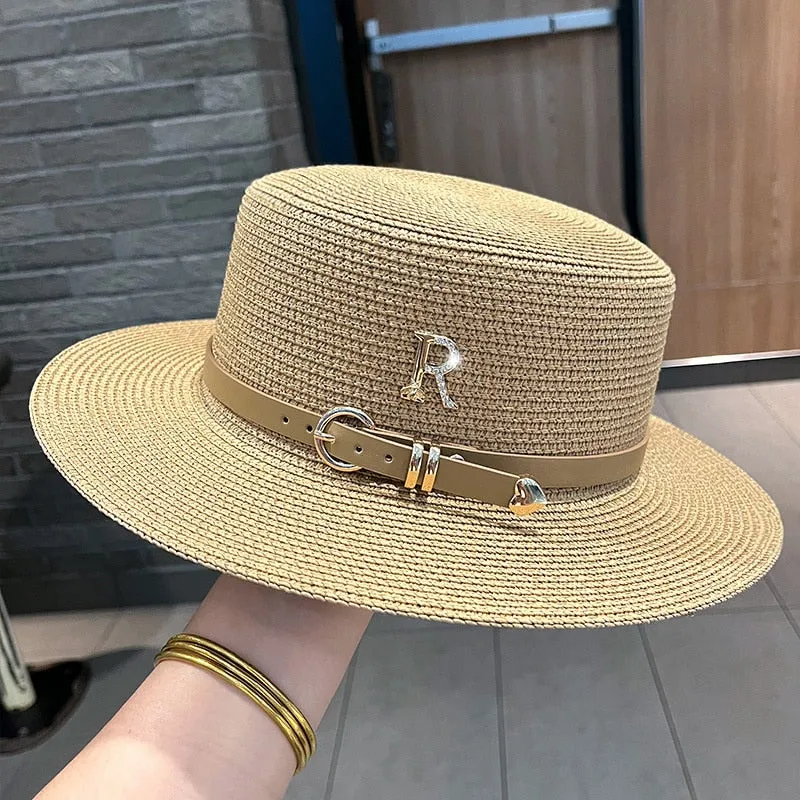 Women's Summer Casual Metal R-Letter Buckle Straw Sun Protection Hat