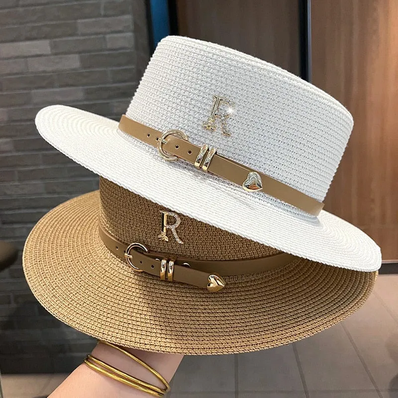 Women's Summer Casual Metal R-Letter Buckle Straw Sun Protection Hat