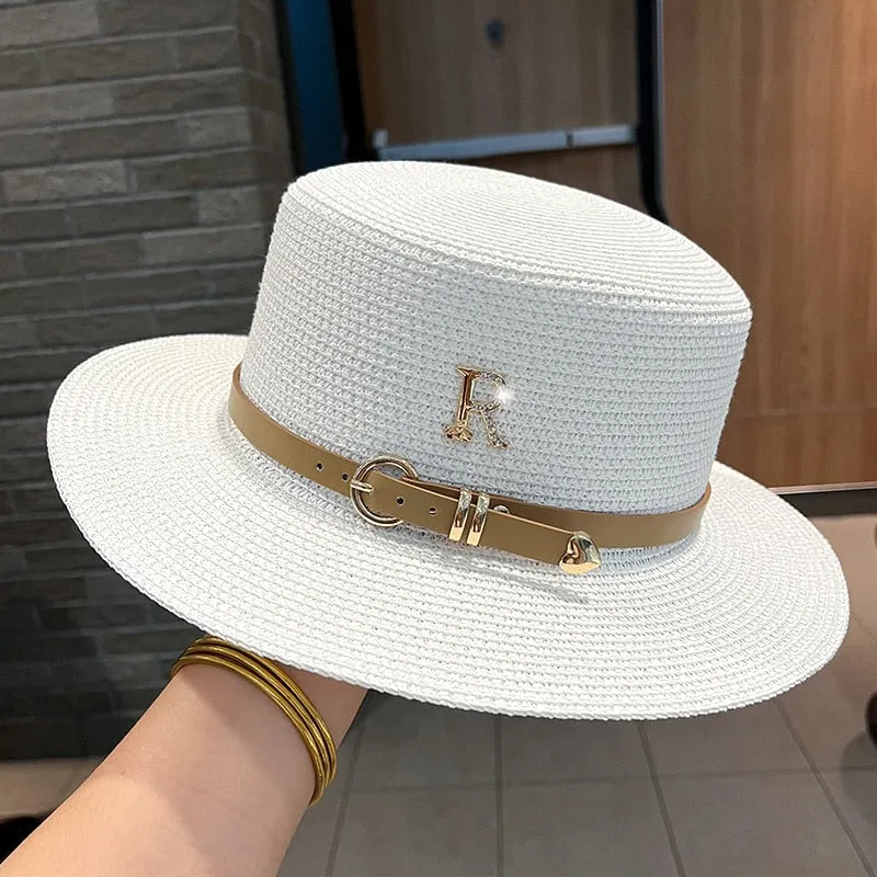 Women's Summer Casual Metal R-Letter Buckle Straw Sun Protection Hat