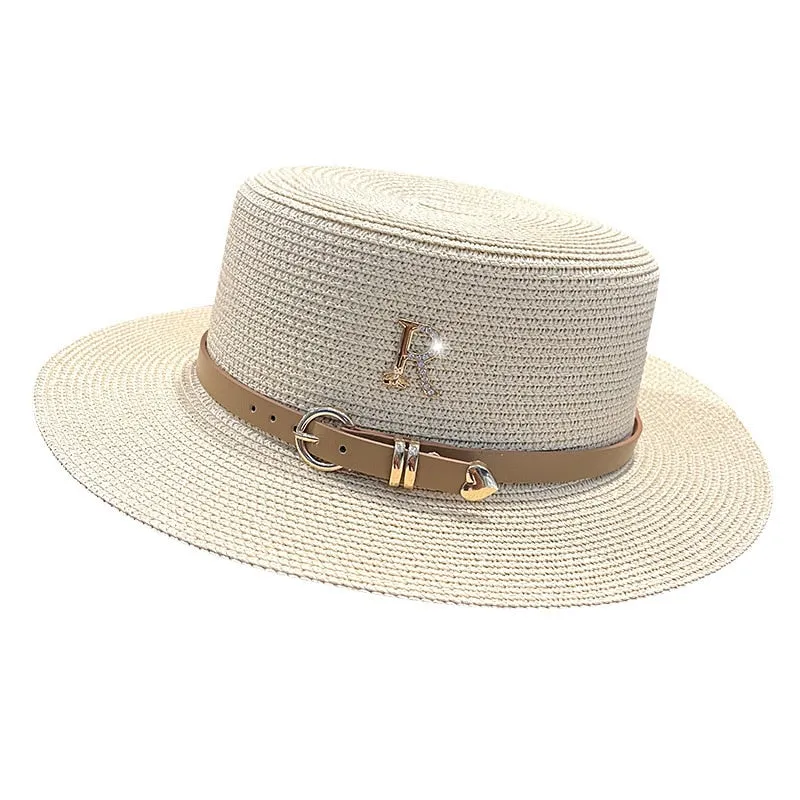 Women's Summer Casual Metal R-Letter Buckle Straw Sun Protection Hat