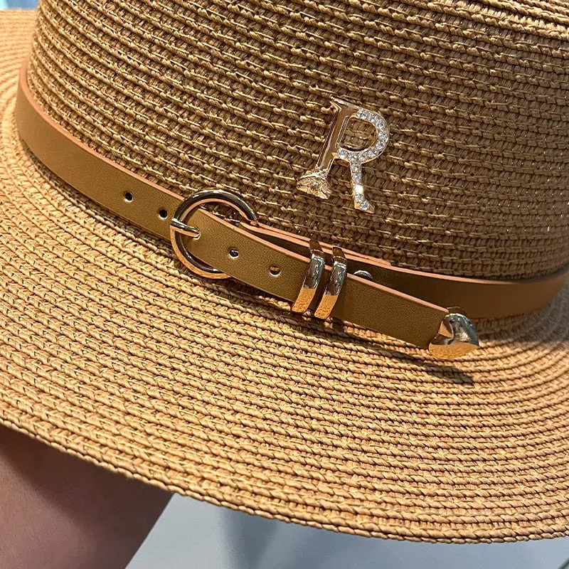 Women's Summer Casual Metal R-Letter Buckle Straw Sun Protection Hat