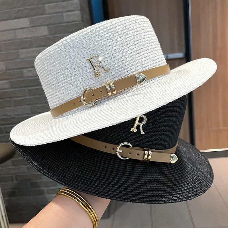 Women's Summer Casual Metal R-Letter Buckle Straw Sun Protection Hat