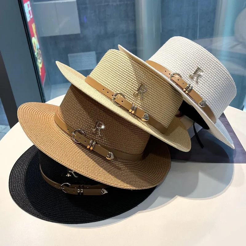 Women's Summer Casual Metal R-Letter Buckle Straw Sun Protection Hat