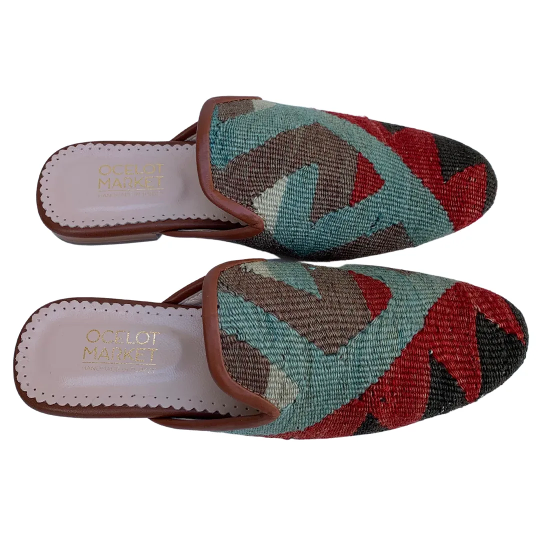 Women's Turkish Kilim Mules | Red & Blue